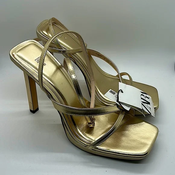 Zara NWT Dazzling Golden Strappy High Heel Shoes **Size 41/USA Size 10**🔥🔥 - Picture 2 of 7